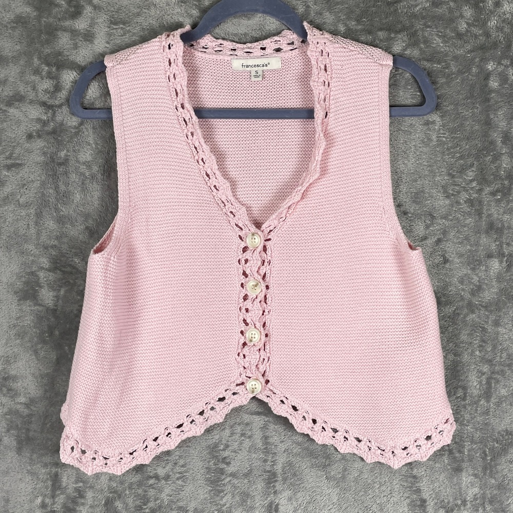 Francesca's Knit Vest Women S Pink Good Crochet Trim Button Front Scalloped Hem